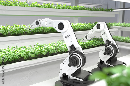 Smart robotic farmers concept, robot farmers, Agriculture technology, Farm automation
