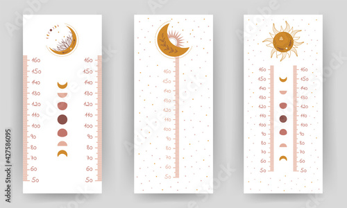 Set of kids height chart. Meter wall with cute boho sun and moon. Vector illustration in doodle cartoon style. Childish growth chart. Poster template for nursery design.