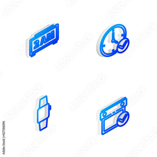 Set Isometric line Clock, Digital alarm clock, Smartwatch and Calendar with check mark icon. Vector