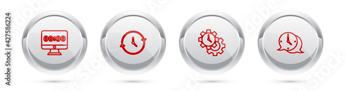 Set line Clock on monitor, , Time Management and speech bubble. Silver circle button. Vector