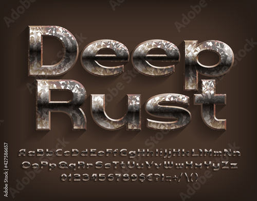 Deep Rust alphabet font. Messy beveled letters, numbers and punctuations. Uppercase and lowercase. Stock vector typescript for your design.