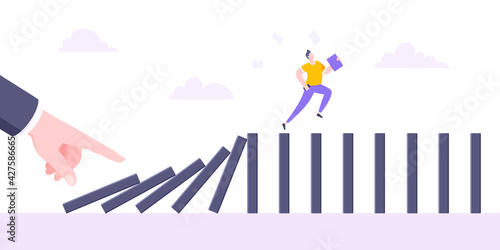 Domino effect or business cowardice metaphor vector illustration concept. Adult young businessman run away from hand falling domino line business concept problem solving and danger chain reaction.