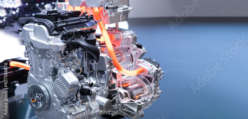 Close up of car hybrid engine. Hybrid electric car engine. photo