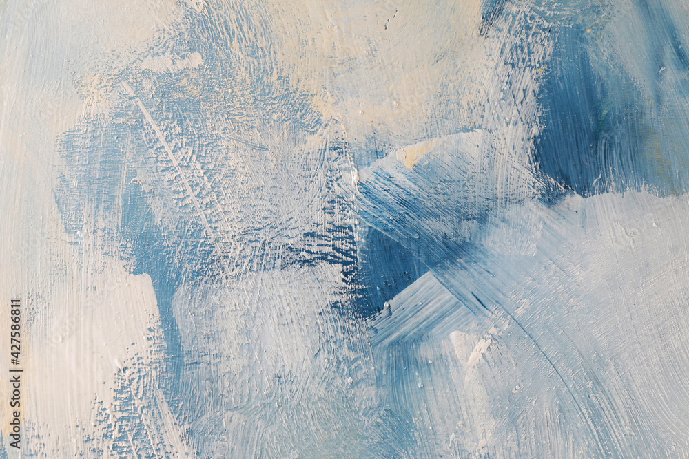 Texture materica dipinta su legno, con effetto spatolato in varie tonalità di azzurro, blu e bianco; spazio per testo - obrazy, fototapety, plakaty 