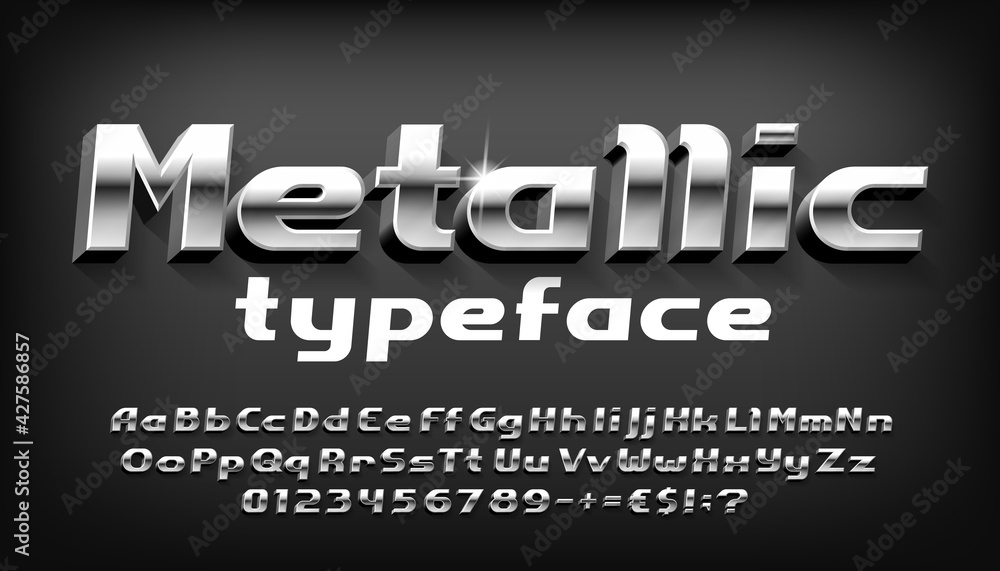 Metallic alphabet font. 3D bold metal letters, numbers and punctuation with shadow. Stock vector typeface for your typography design.