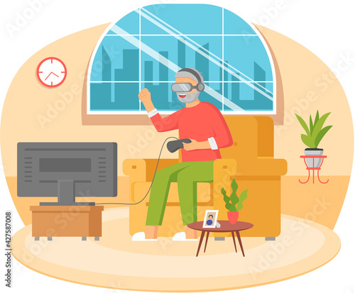 Old man in VR glasses playing on playstation, video game with console vector illustration