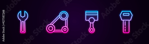 Set line Wrench spanner, Timing belt kit, Engine piston and Car key with remote. Glowing neon icon. Vector