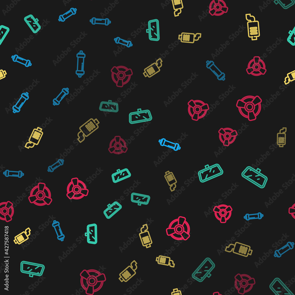Set line Shock absorber, Car mirror, muffler and motor ventilator on seamless pattern. Vector Set line Shock absorber, Car mirror, muffler and motor ventilator on seamless pattern. Vector