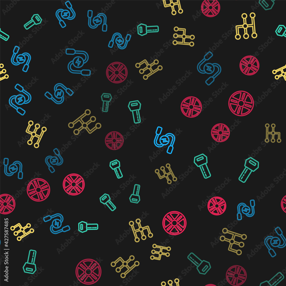 Set line Car battery jumper power cable, key with remote, Gear shifter and Alloy wheel on seamless pattern. Vector Set line Car battery jumper power cable, key with remote, Gear shifter and Alloy wheel on seamless pattern. Vector