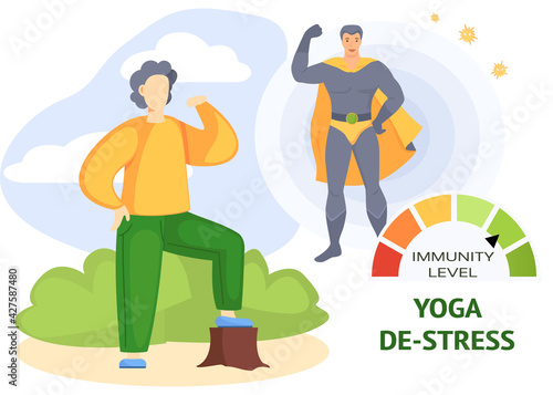 Creative poster design with male woodcutter doing yoga in park. High level of immunity concept