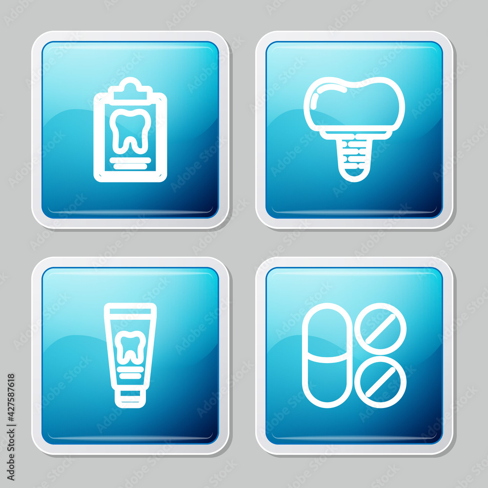 Set line Dental card, implant, Tube of toothpaste and Painkiller tablet icon. Vector Set line Dental card, implant, Tube of toothpaste and Painkiller tablet icon. Vector