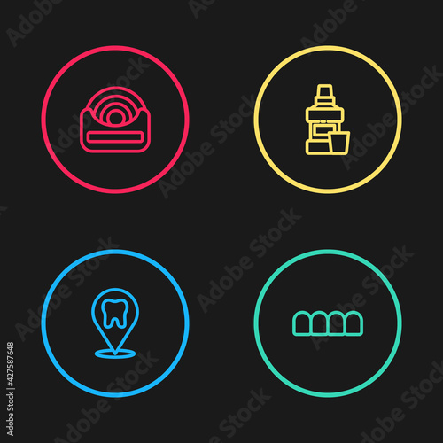 Set line Dental clinic location, Dentures model, Mouthwash bottle and floss icon. Vector