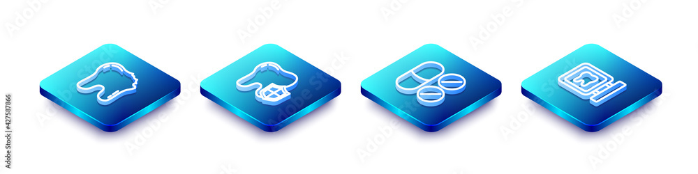 Set Isometric line Broken tooth, Dental protection, Painkiller tablet and clinic location icon. Vector Set Isometric line Broken tooth, Dental protection, Painkiller tablet and clinic location icon. Vector