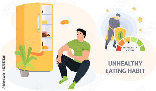 Man eats fatty foods from fridge. Immunity level decreases due to poor nutrition. Unhealthy habit