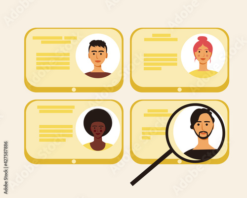Finding people in social media, flat vector stock illustration with online dating, finding friends on tablet with internet