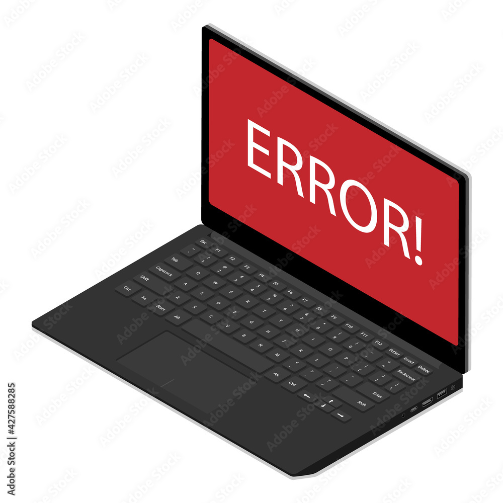 Window operating system error warning on laptop screen. Isometric view. Window operating system error warning on laptop screen. Isometric view.