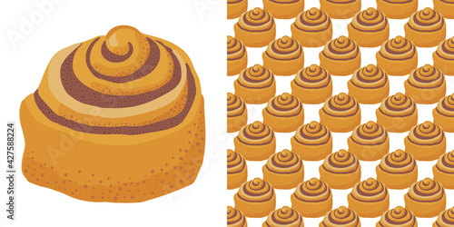 Cinnamon bun cartoon style vector illustration. Doodle clip art element for cafe menu or chalkboard.