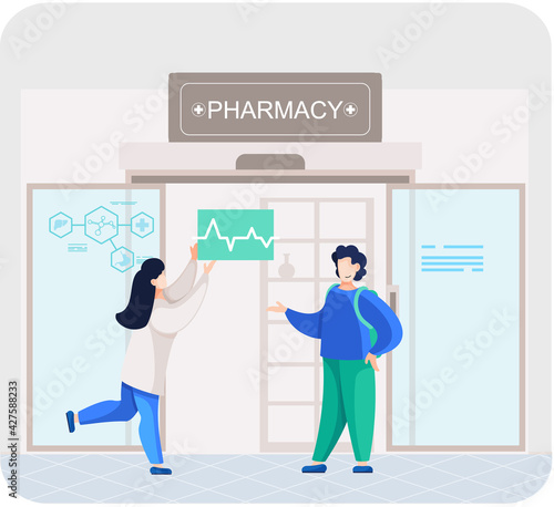 Pharmacy store with sign. Pharmacists talking to patient, apothecary advises purchaser of medicines