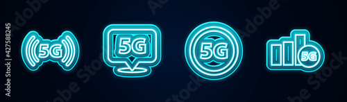 Set line 5G network  Location  and . Glowing neon icon. Vector