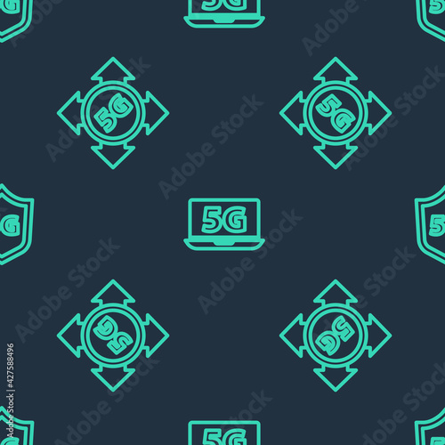Set line Laptop with 5G network, and Protective shield on seamless pattern. Vector