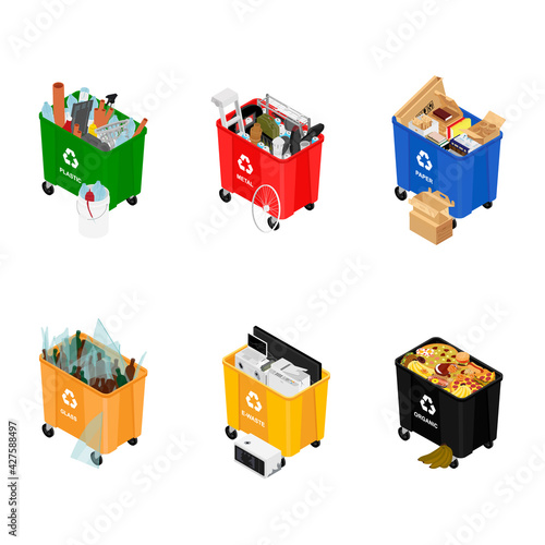 Garbage cans full of sorted garbage vector icons. Recycling garbage separation collection