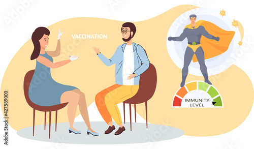 Virus vaccination, doctor propose syringe to patient. Immunity level increases due to injection