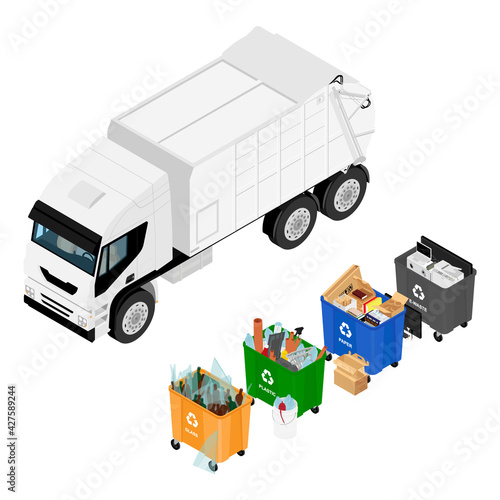 Trash in garbage cans with sorted garbage vector icons