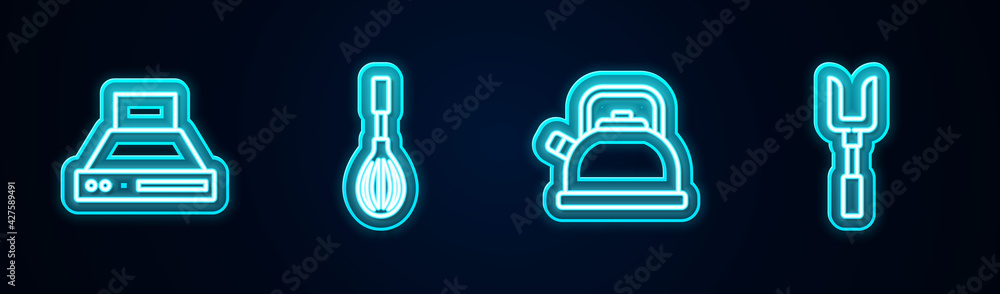 Set line Kitchen extractor fan, whisk, Kettle with handle and Barbecue fork. Glowing neon icon. Vector Set line Kitchen extractor fan, whisk, Kettle with handle and Barbecue fork. Glowing neon icon. Vector