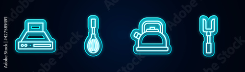 Set line Kitchen extractor fan, whisk, Kettle with handle and Barbecue fork. Glowing neon icon. Vector