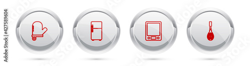Set line Oven glove, Refrigerator, Electronic scales and Kitchen whisk. Silver circle button. Vector