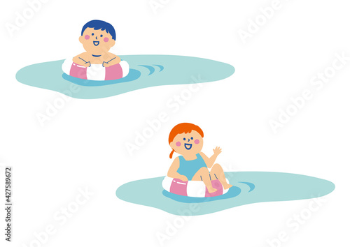 浮き輪で浮かぶ子供たちのイラスト