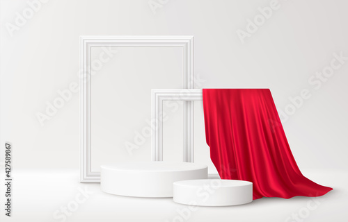 Realistic white Product podium with white picture frames and red silk drapery over white background. Blank background for product advertising. Vector illustration