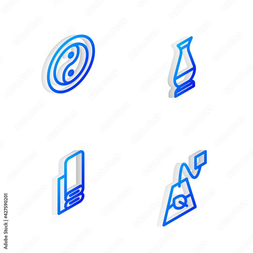 Set Isometric line Indian vase, Yin Yang, textile fabric and Tea bag icon. Vector Set Isometric line Indian vase, Yin Yang, textile fabric and Tea bag icon. Vector