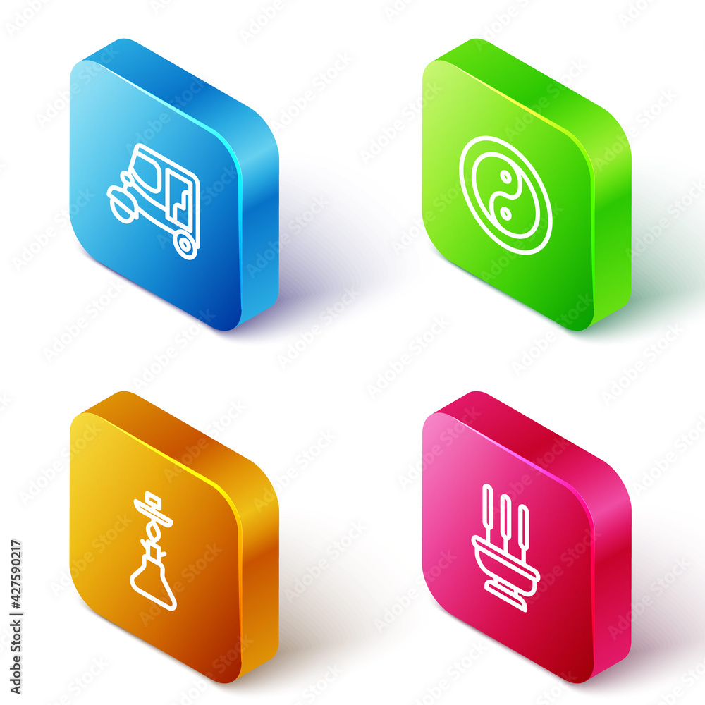 Set Isometric line Taxi tuk tuk, Yin Yang, Hookah and Incense sticks icon. Vector Set Isometric line Taxi tuk tuk, Yin Yang, Hookah and Incense sticks icon. Vector