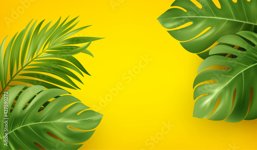 Bright yellow summer background with tropical realistic monstera and palm leaves. Background design for advertising leaflet, banner, flyer. Vector illustration