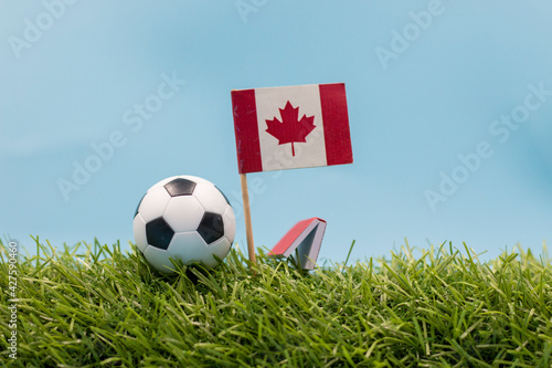 Soccer ball with flag of Canada on green grass with blue sky background