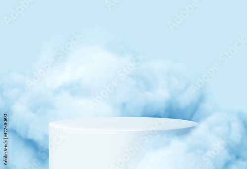 Blue background with a product podium surrounded by blue clouds. Smoke, fog, steam background. Vector illustration