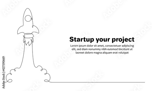 Business project Start Up concept with rocket ship in one line drawing style. Web banner with Launching a spaceship. Editable stroke. Vector illustration