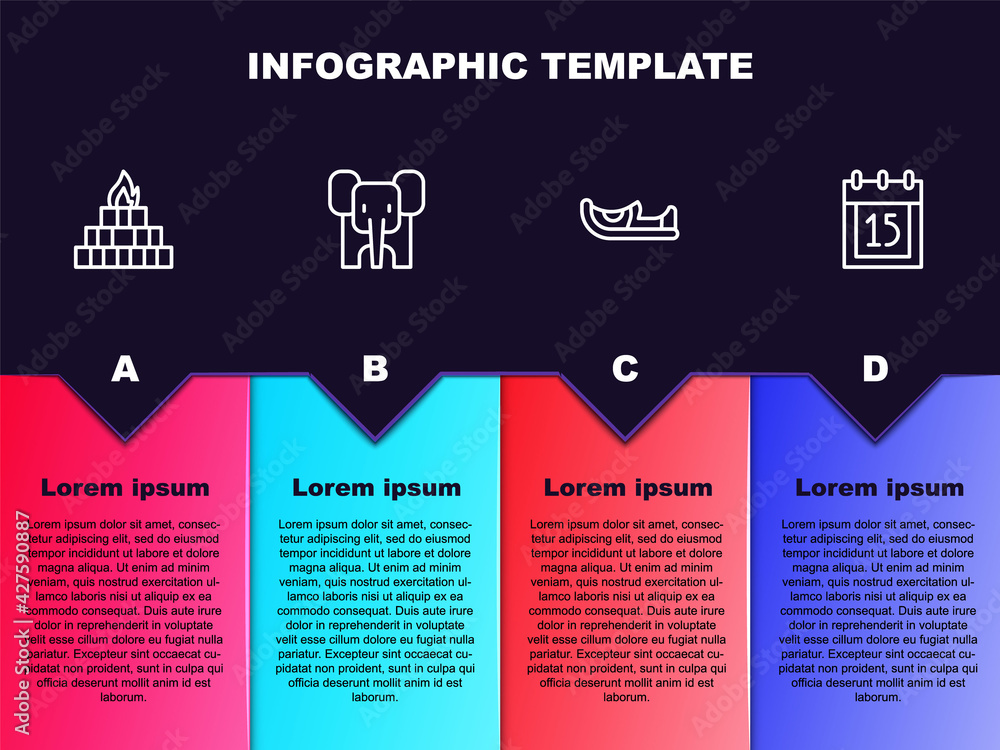 Set line Yagna, Elephant, Indian shoes and Independence day. Business infographic template. Vector Set line Yagna, Elephant, Indian shoes and Independence day. Business infographic template. Vector