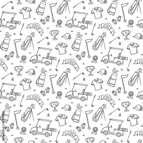Golf seamless pattern - club, ball, flag, bag and golf cart in doodle style. Hand drawn vector illustration on white background