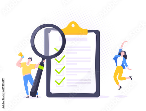Checklist complete business concept tiny people with megaphone, magnifying glass nearby giant clipboard, task done and check mark ticks flat style design vector illustration isolated white background.