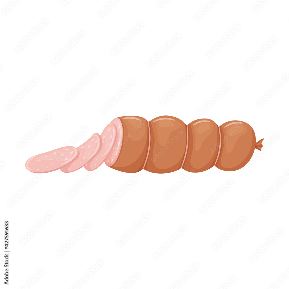 Pink boiled sausage. Sausage slicing. Food, ready-made meat dish. Flat style. Color vector illustration isolated on a white background Pink boiled sausage. Sausage slicing. Food, ready-made meat dish. Flat style. Color vector illustration isolated on a white background