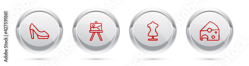 Set line Woman shoe, Easel or painting art boards, Mannequin and Cheese. Silver circle button. Vector