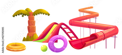 Aquapark objects set. Modern amusement water park attractions slides, inflatable swimming rings and ball with palm tree isolated playground equipment for kids entertainment, Cartoon vector clipart