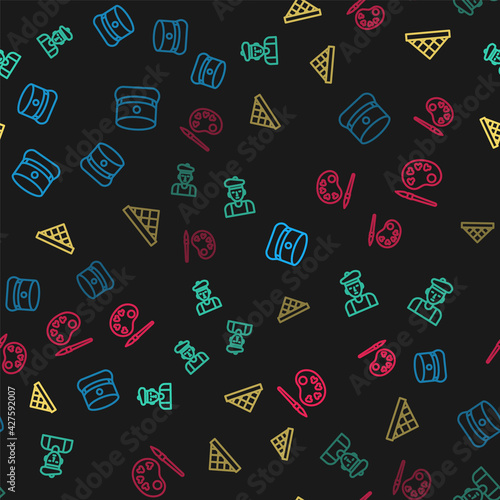 Set line Kepi, French man, Louvre museum and Paint brush with palette on seamless pattern. Vector