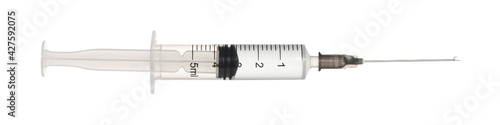 Syringe with needle and vaccine inside. Medical syringe 5 ml, banner size macro closeup on white background with reflection.