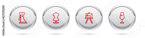 Set line French rooster, Mannequin, Easel or painting art boards and Wine glass. Silver circle button. Vector