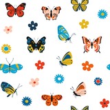 Butterfly pattern. Cartoon seamless texture for print with colorful flying insects and flowers. Vector nature textile pattern