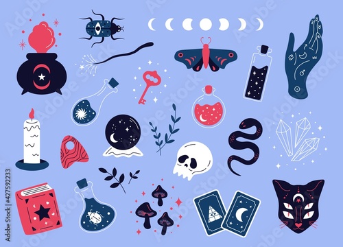 Doodle magic collection. Witchcraft cartoon elements for magic shop, esoteric symbols and occult magician equipment. Vector isolated set