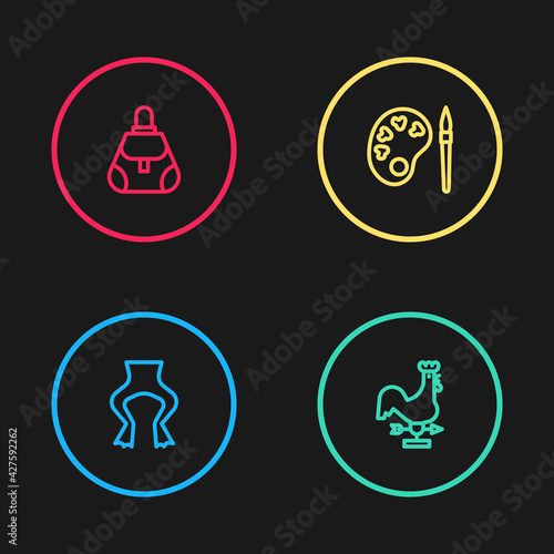 Set line Frog legs, Rooster weather vane, Paint brush with palette and Handbag icon. Vector